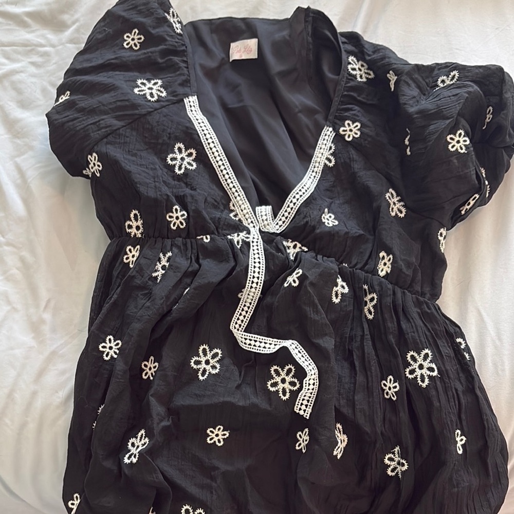 Pink Lily Black Floral Embroidered Top